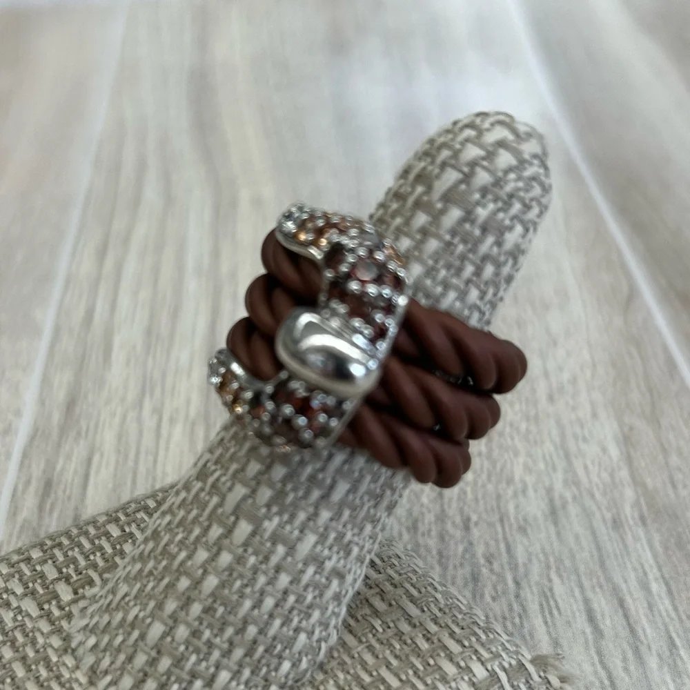 Belle Etoile Lasso Ring CZ Gold White SS Wide Buckle Ring Rubber ring, Sz 6-7